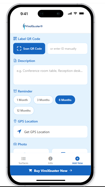 virexbuster scan app, infection control app, surface tracking, frequently touc surfaces
