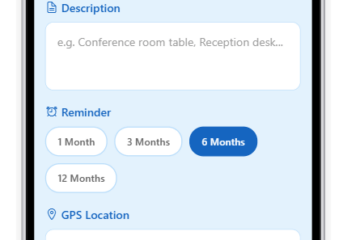 VireXbuster Scan app screenshot: QR code labeling, reminders, and GPS tracking for treated surfaces