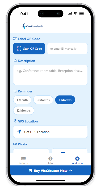 VireXbuster Scan app screenshot: QR code labeling, reminders, and GPS tracking for treated surfaces