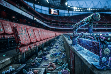 Football stadium with World Cup 2026 overrun by large viral infestation